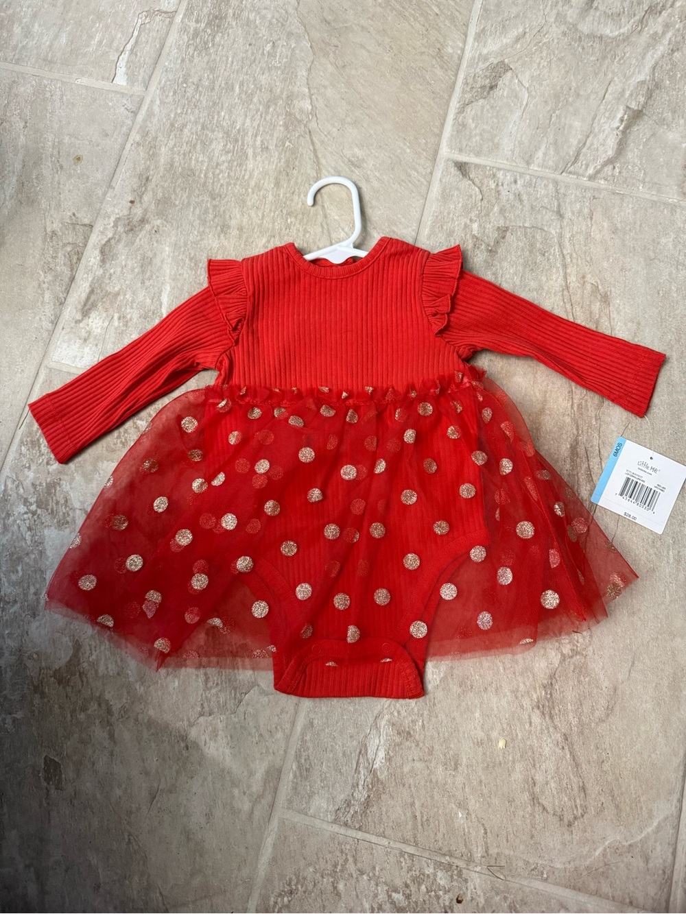 Little Me Red Tulle Bodysuit with Gold Polka Dots